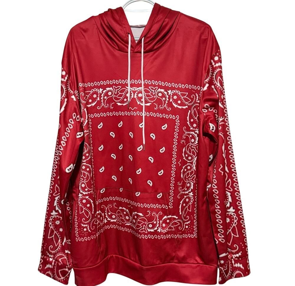 Women’s Red White Bandana Print Long Sleeve Hoodie Size XXL